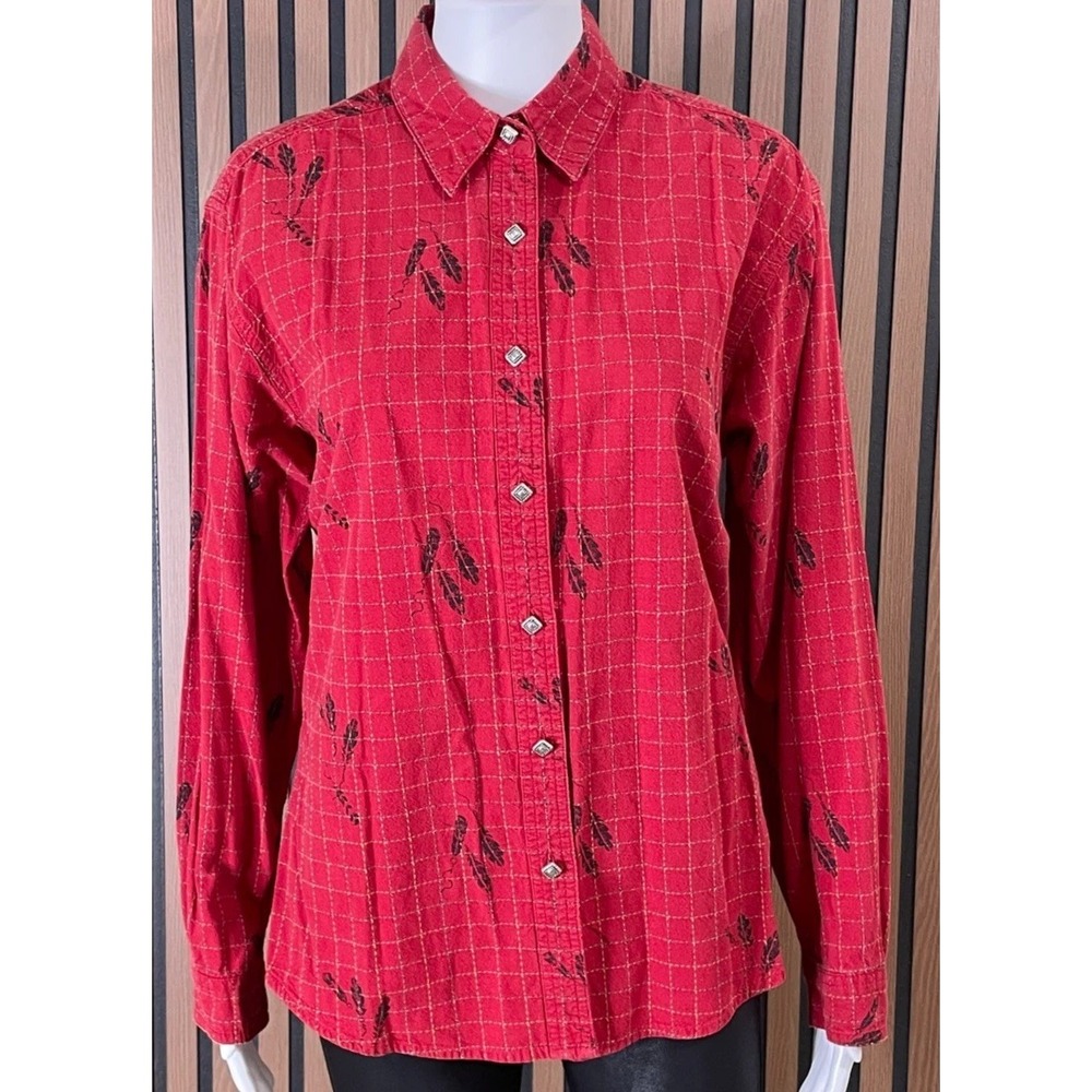 Wrangler Men's Red Button-Up Shirt L Cotton‎ Leaf Vintage Outdoor Western Cowboy